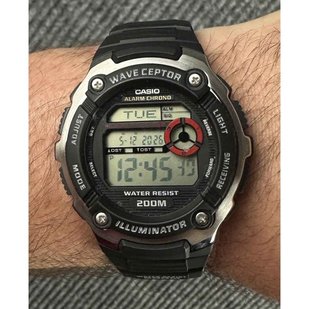 Casio Wave Ceptor Watch Men 3140 WV-200A 45mm Black Alarm Chrono Tested Working